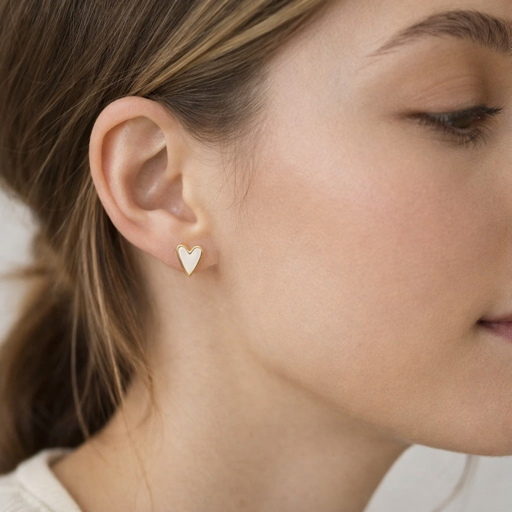 The Cameron - 18K Gold Plated Dainty White Heart Stud Earrings