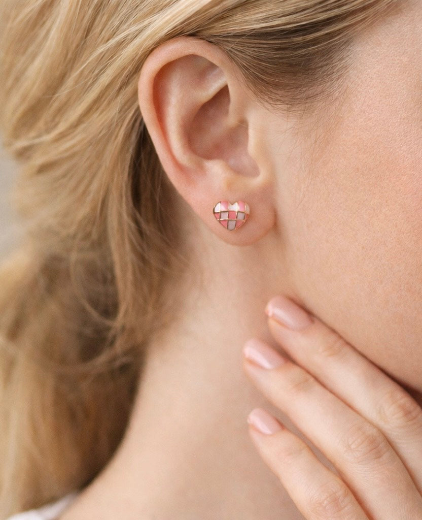 The Alice - Pink Checkered Heart Earrings
