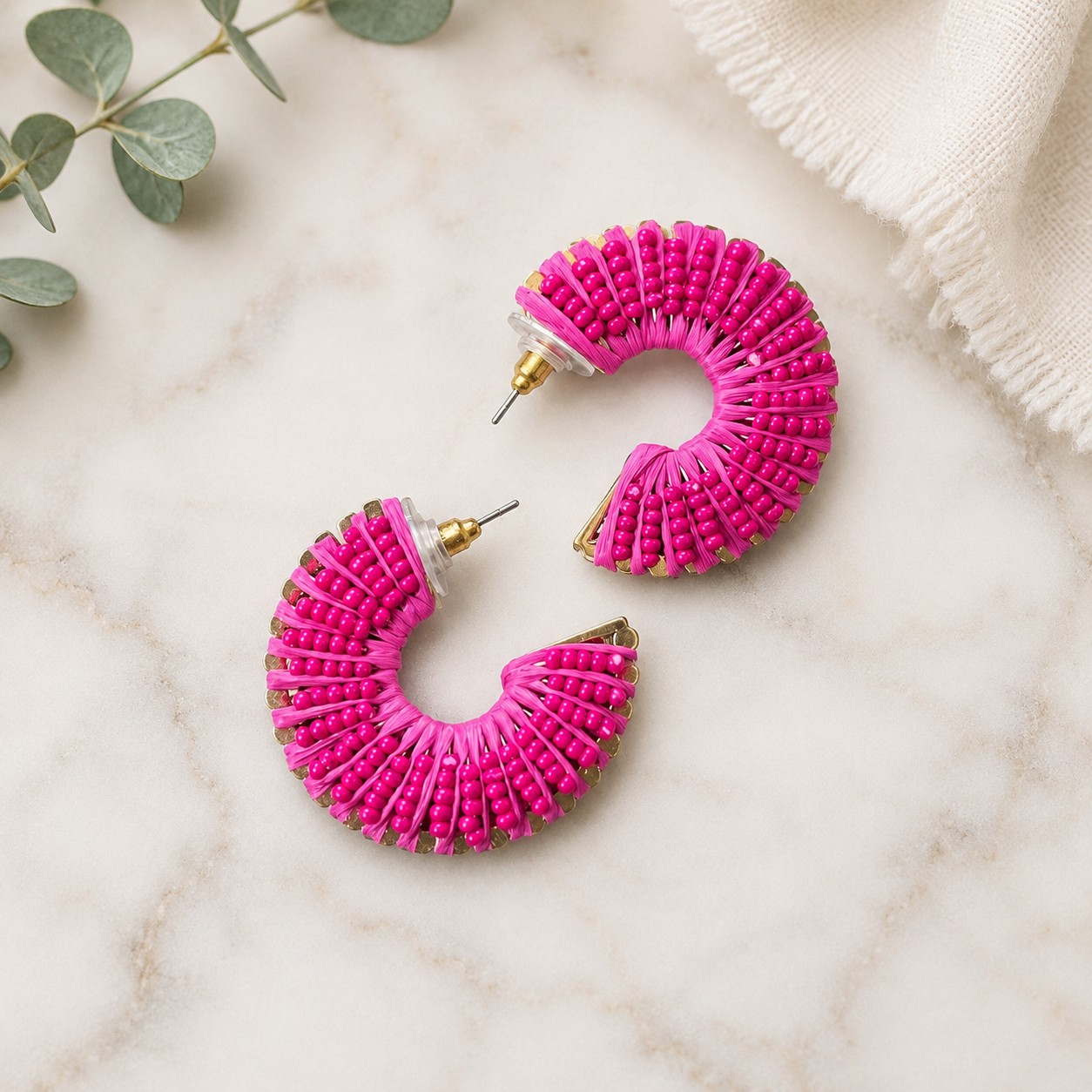 The Katie - Fuchsia Raffia and Beaded Earrings