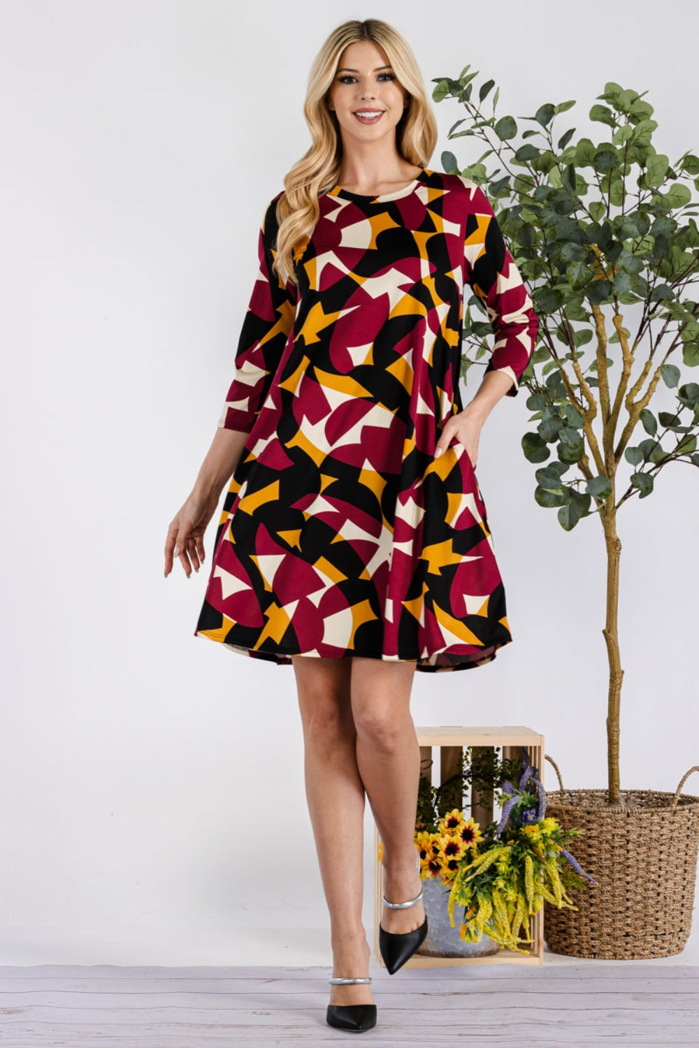 Celeste Geometric Round Neck Dress with Pockets