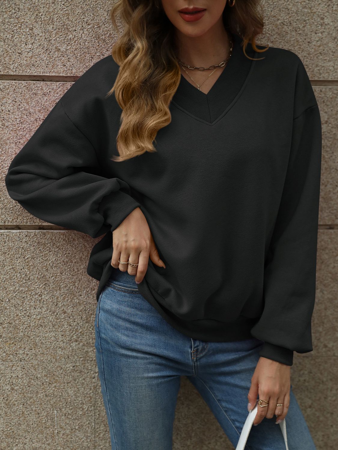 Jaded V-Neck Long Sleeve Dropped Shoulder Sweatshirt