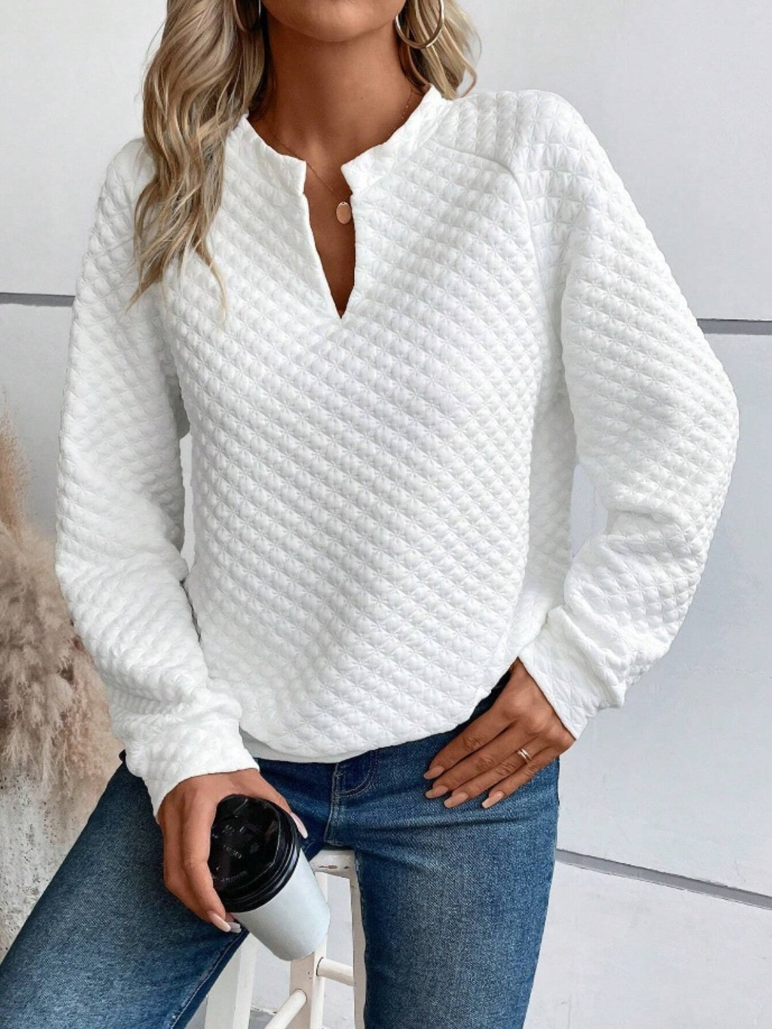 Flouncy Notched Long Sleeve Sweatshirt