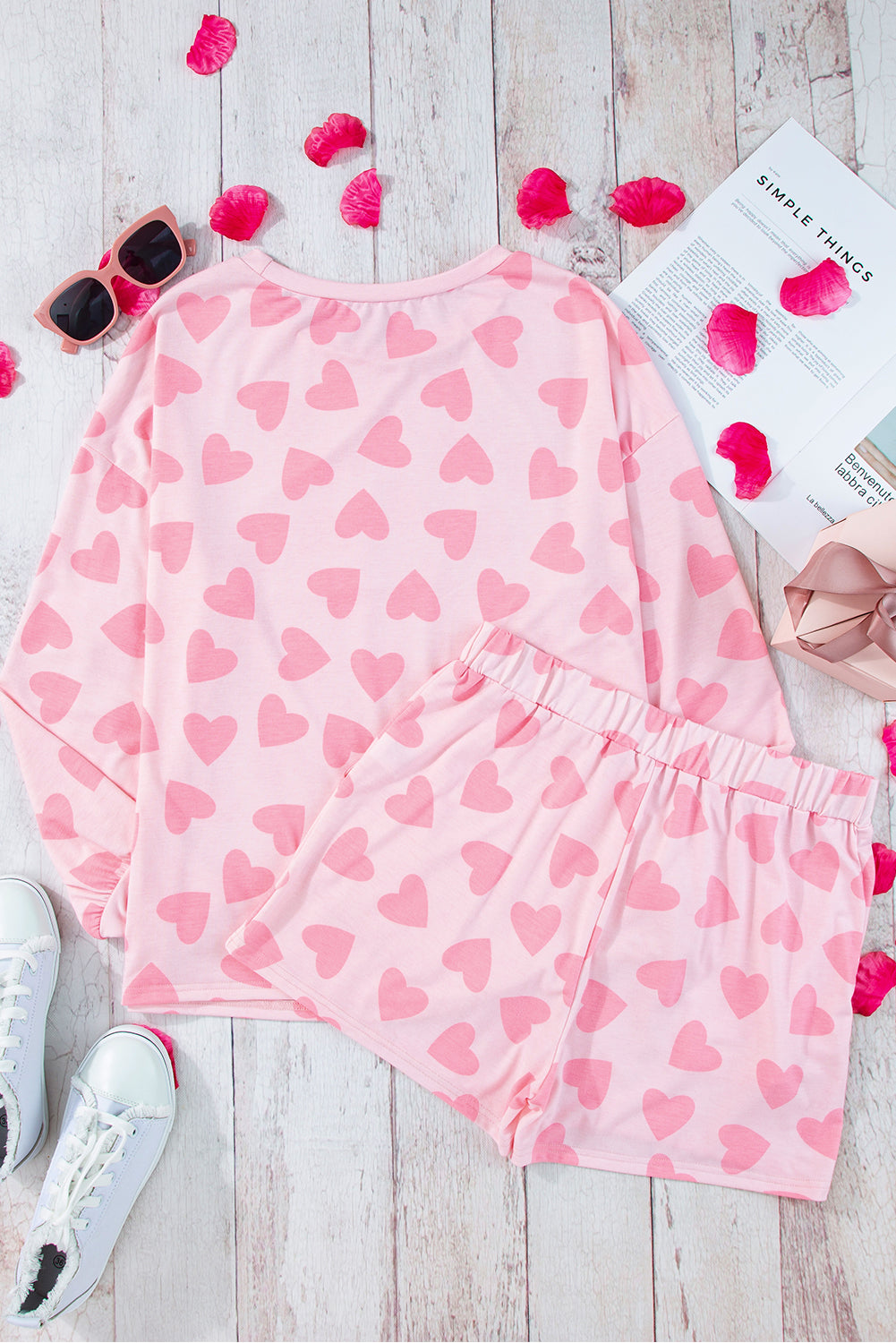 Cozy Hearts Long Sleeve Top and Shorts Lounge Set