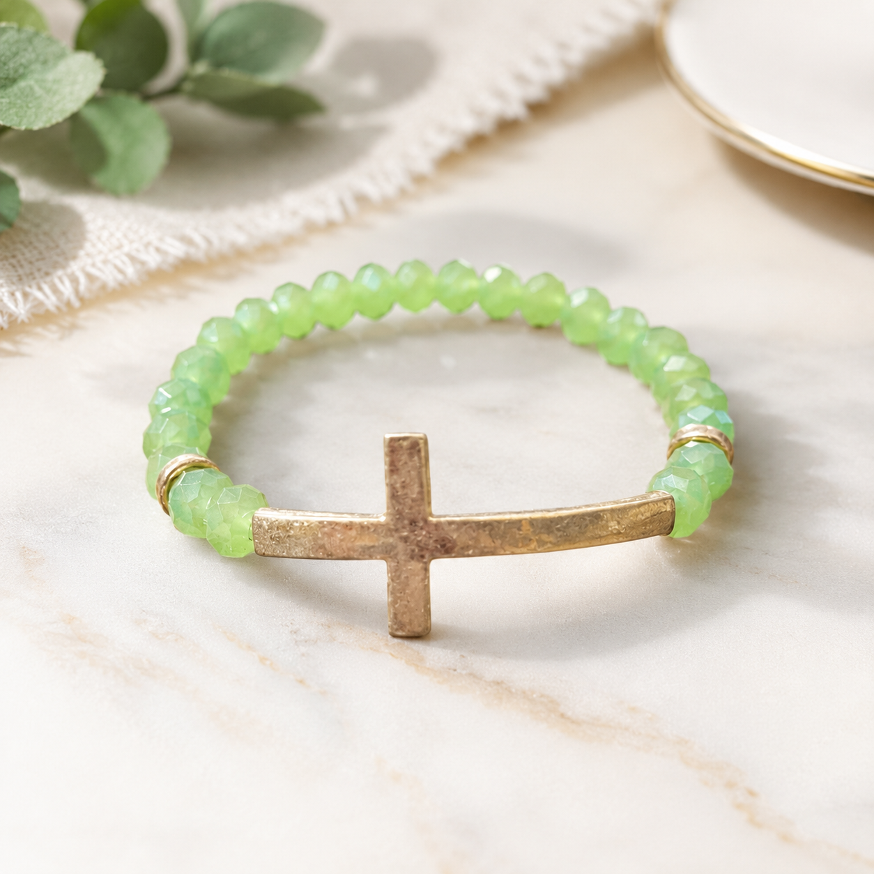 The Kelly - Green Beaded and Gold Cross Stretchy Bracelet