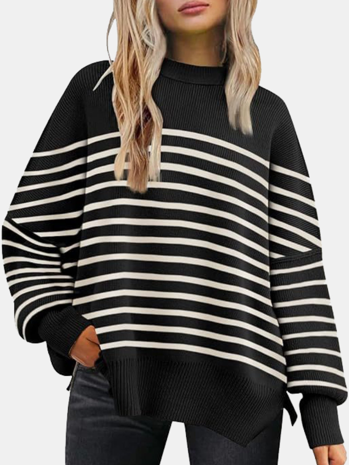 Cozy Season Round Neck Drop Shoulder Slit Sweater