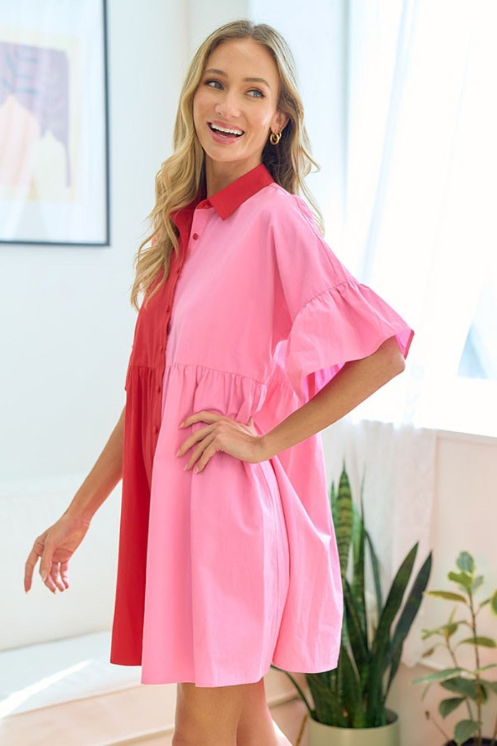 First Love Color Blocked Button Down Babydoll Dress