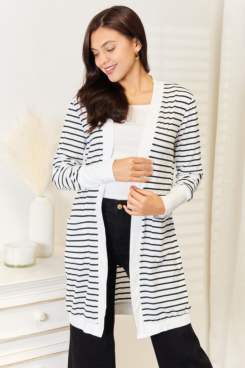 Nautical Life Striped Open Front Long Cardigan