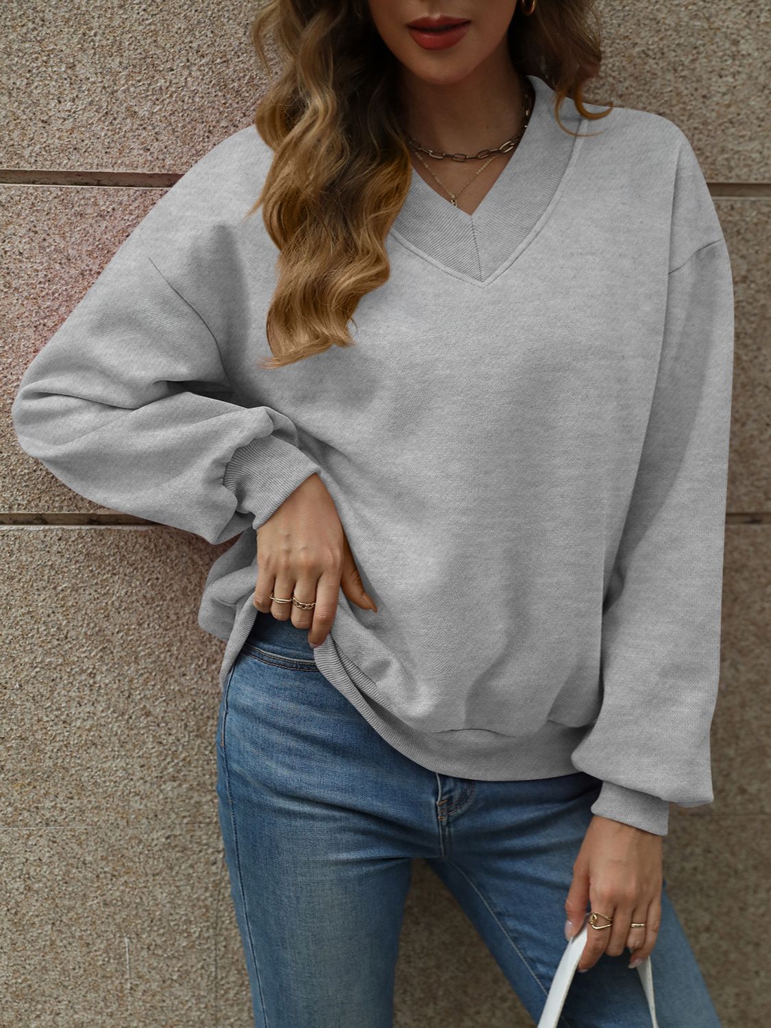 Jaded V-Neck Long Sleeve Dropped Shoulder Sweatshirt