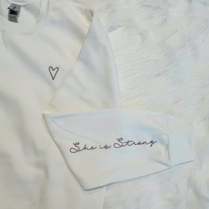 She Is Strong Sleeve Graphic Sweatshirt - WHITE