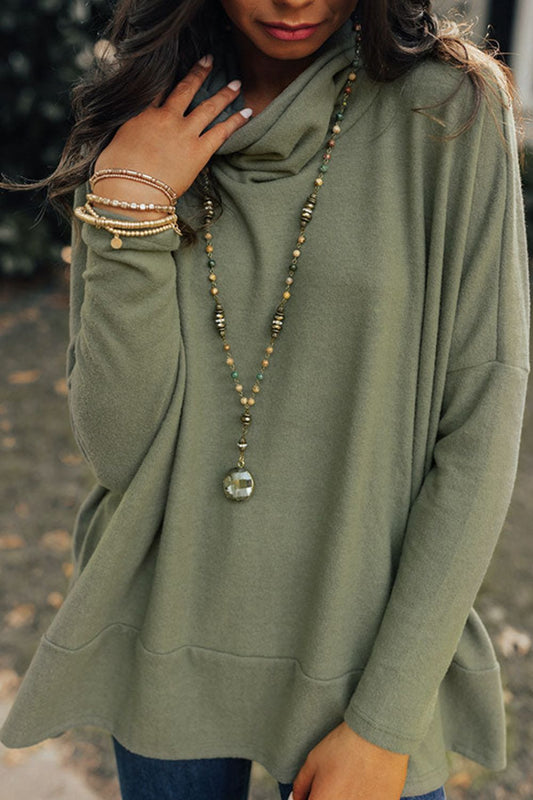 Saturday Shopping Side Slit High-Low Cowl Neck Long Sleeve Blouse