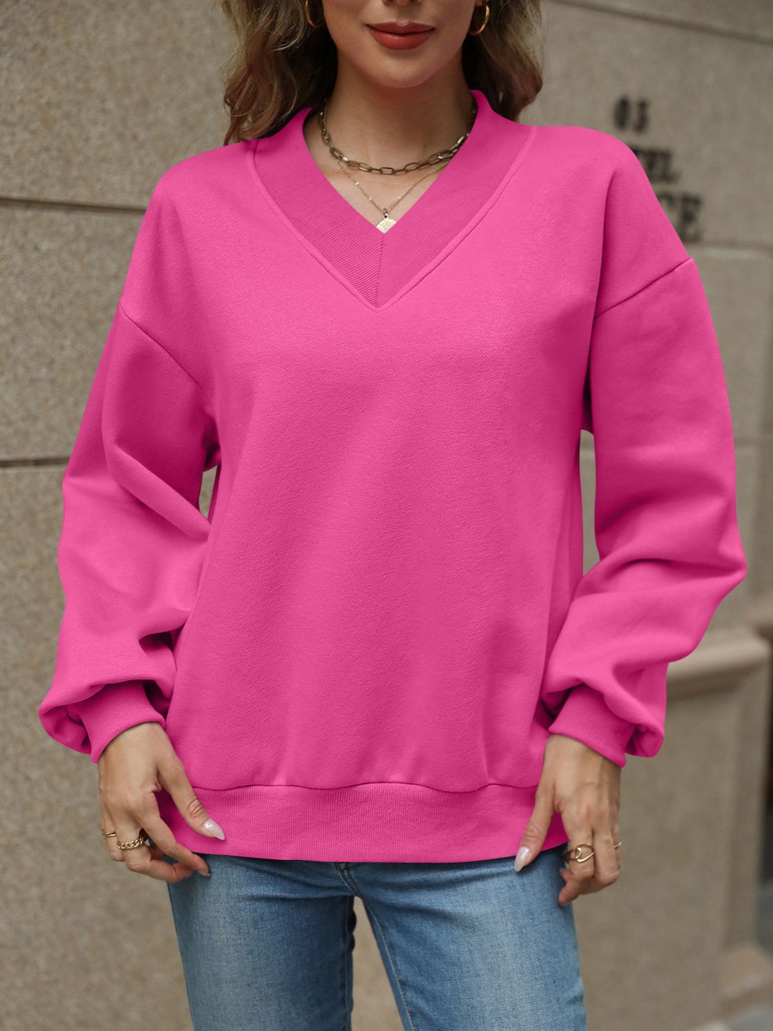 Jaded V-Neck Long Sleeve Dropped Shoulder Sweatshirt