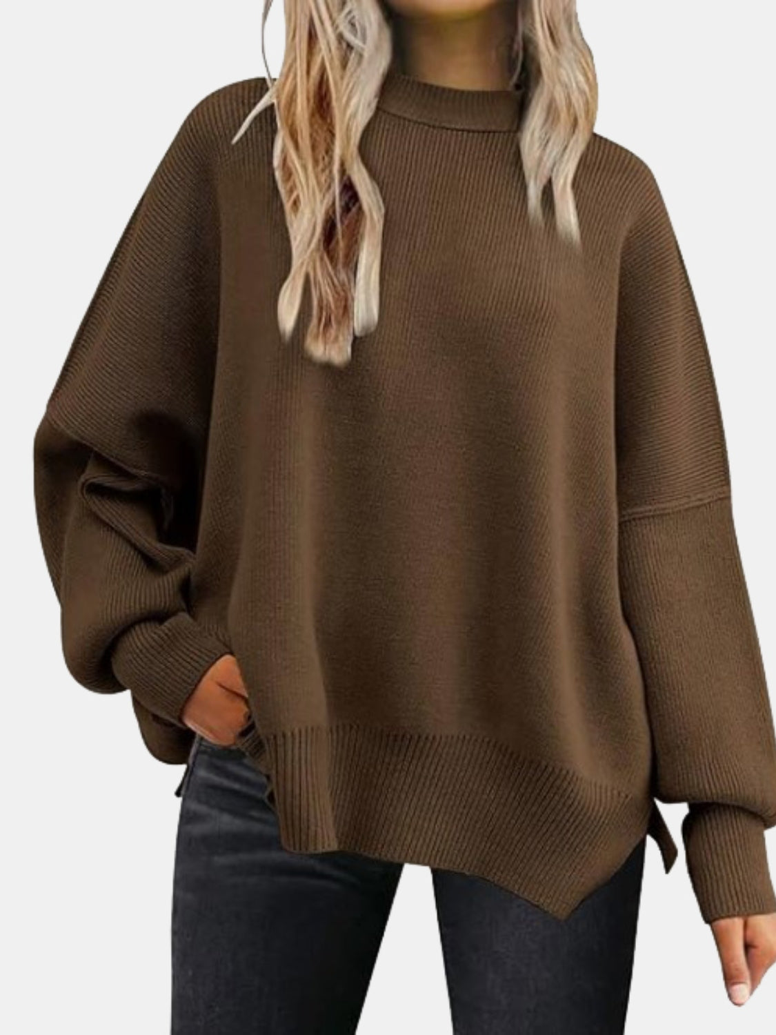 Cozy Season Round Neck Drop Shoulder Slit Sweater