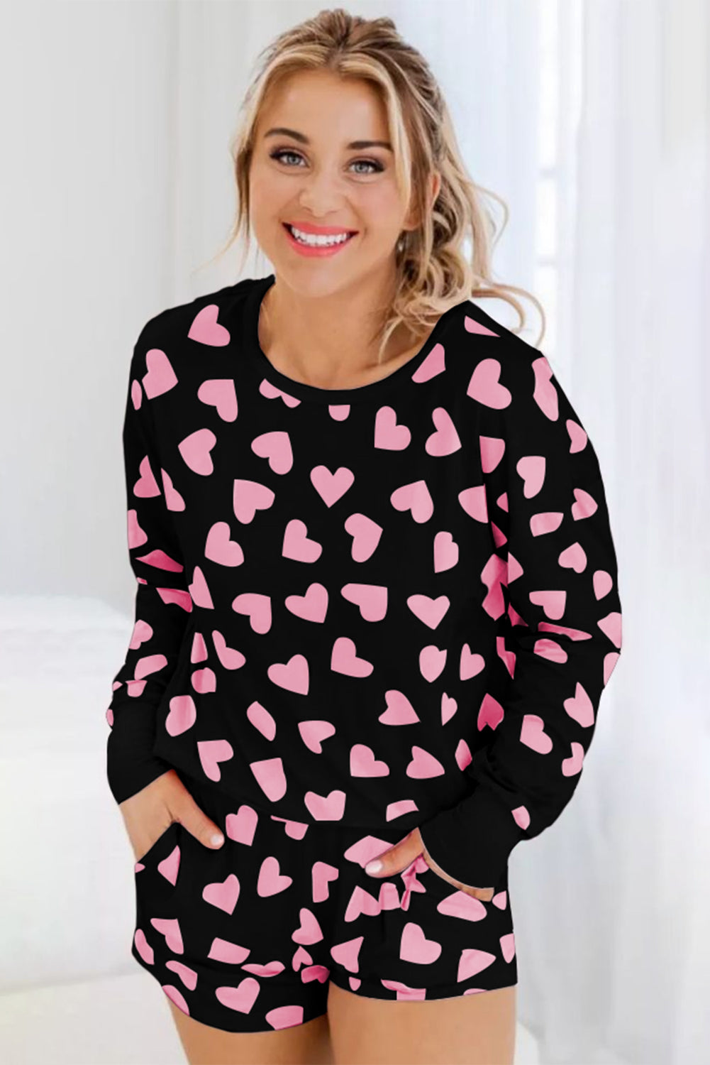 Cozy Hearts Long Sleeve Top and Shorts Lounge Set