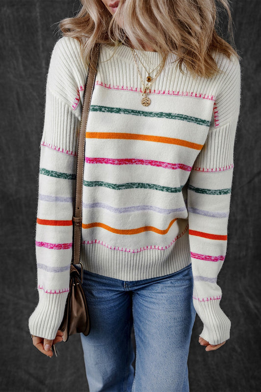 Lucky You Striped Round Neck Dropped Shoulder Sweater