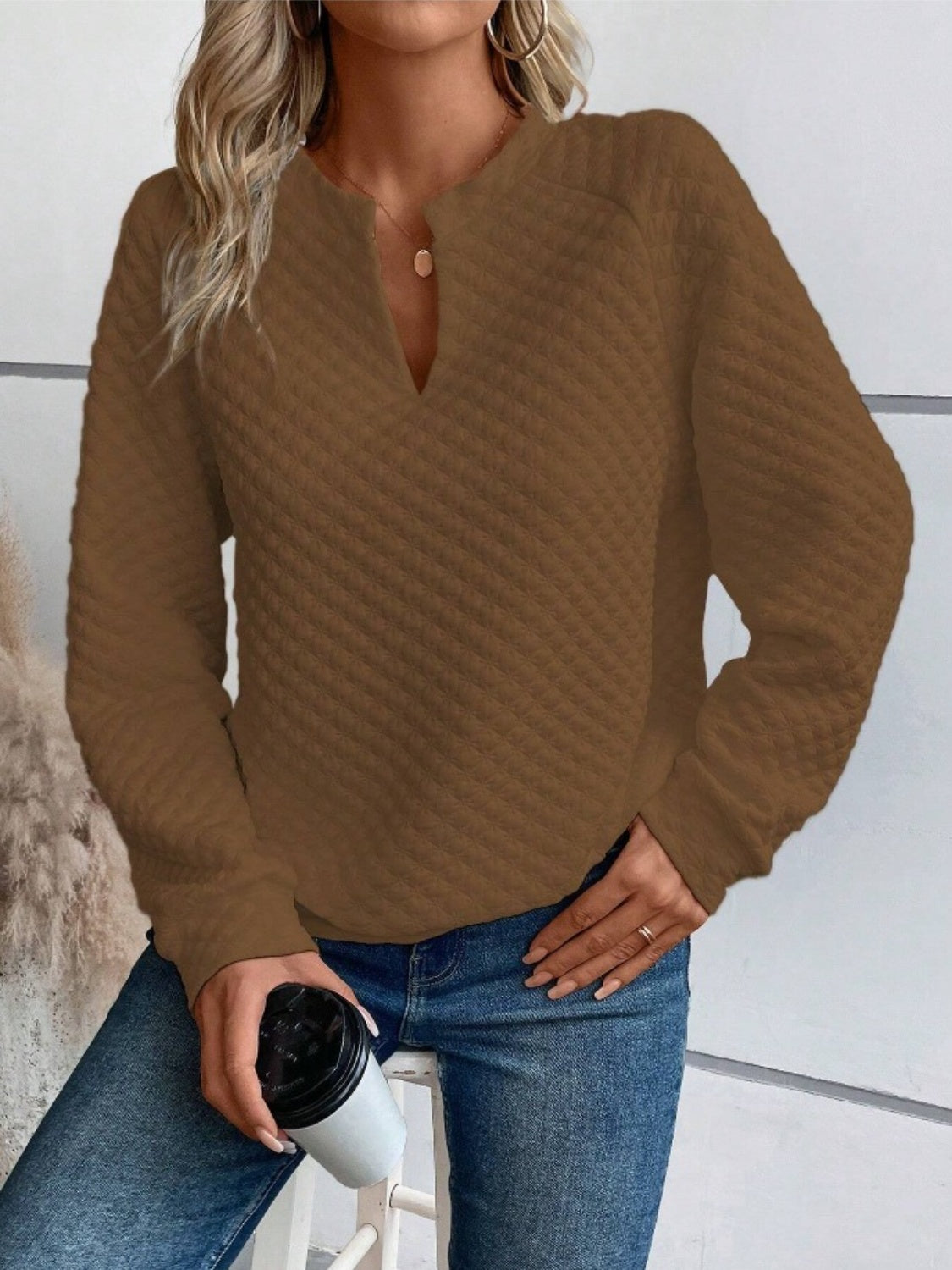 Flouncy Notched Long Sleeve Sweatshirt