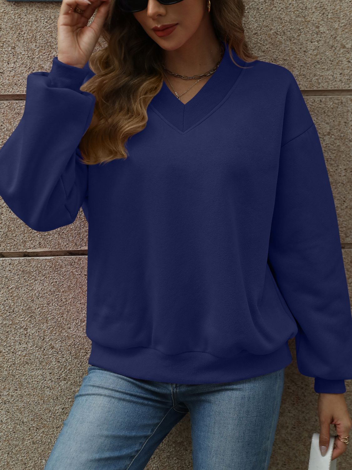 Jaded V-Neck Long Sleeve Dropped Shoulder Sweatshirt