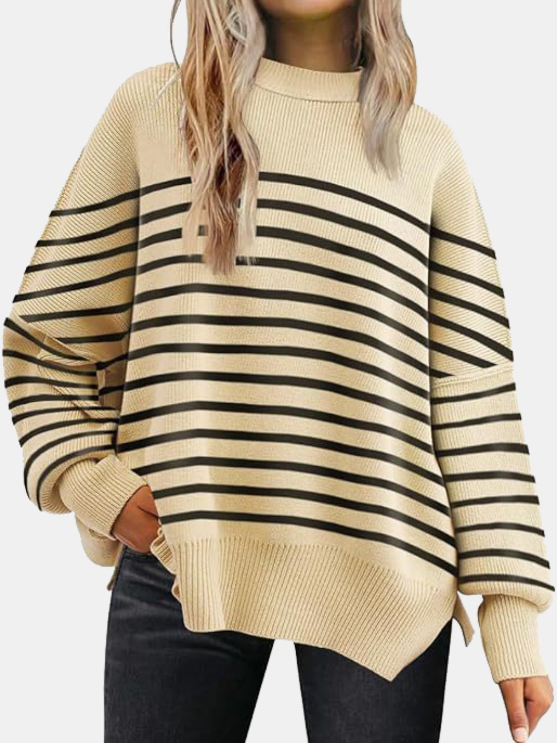 Cozy Season Round Neck Drop Shoulder Slit Sweater