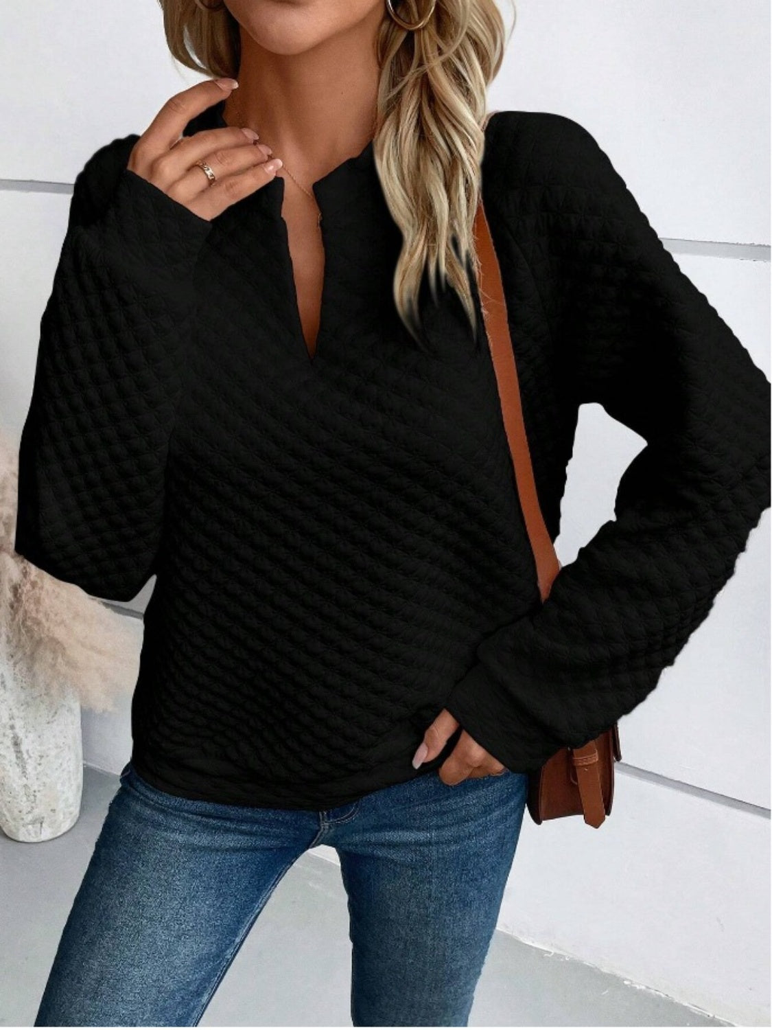 Flouncy Notched Long Sleeve Sweatshirt