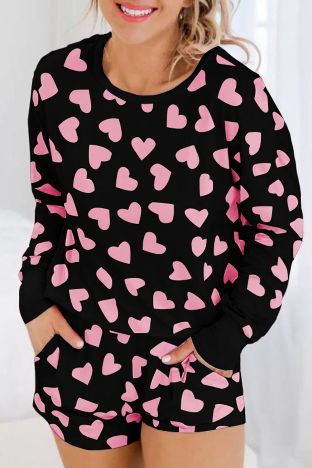 Cozy Hearts Long Sleeve Top and Shorts Lounge Set