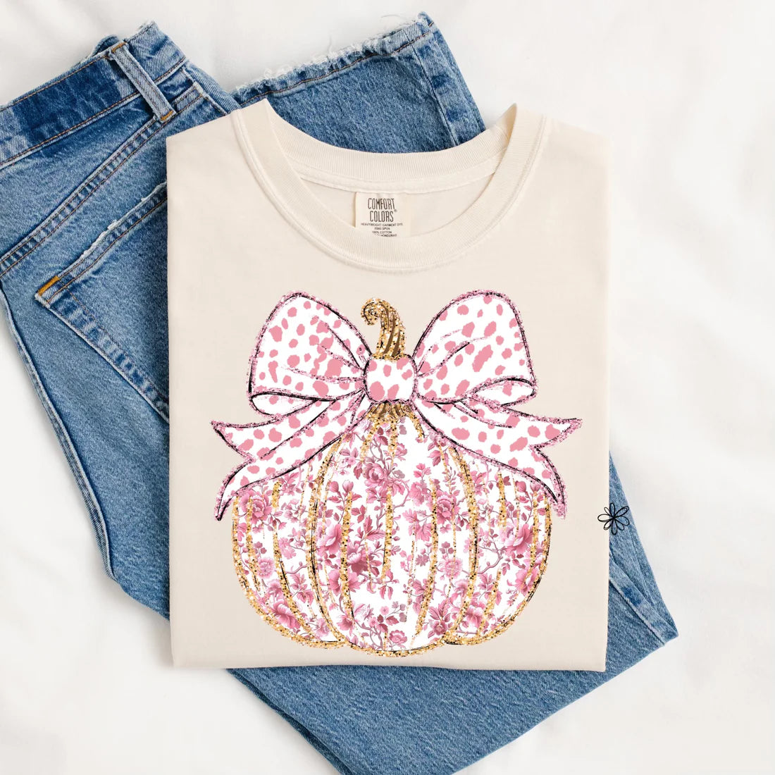 Pink Floral Pumpkin T-Shirt - COMFORT COLORS IVORY