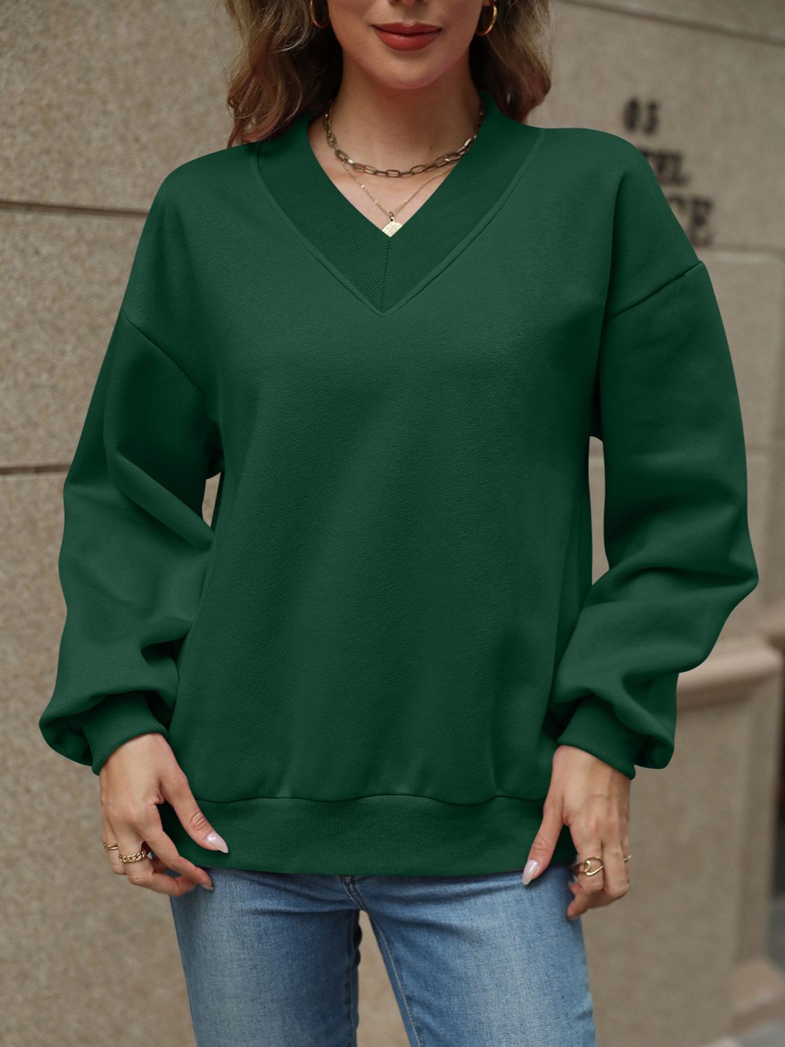 Jaded V-Neck Long Sleeve Dropped Shoulder Sweatshirt