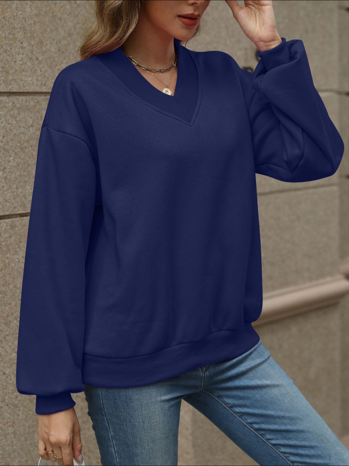 Jaded V-Neck Long Sleeve Dropped Shoulder Sweatshirt