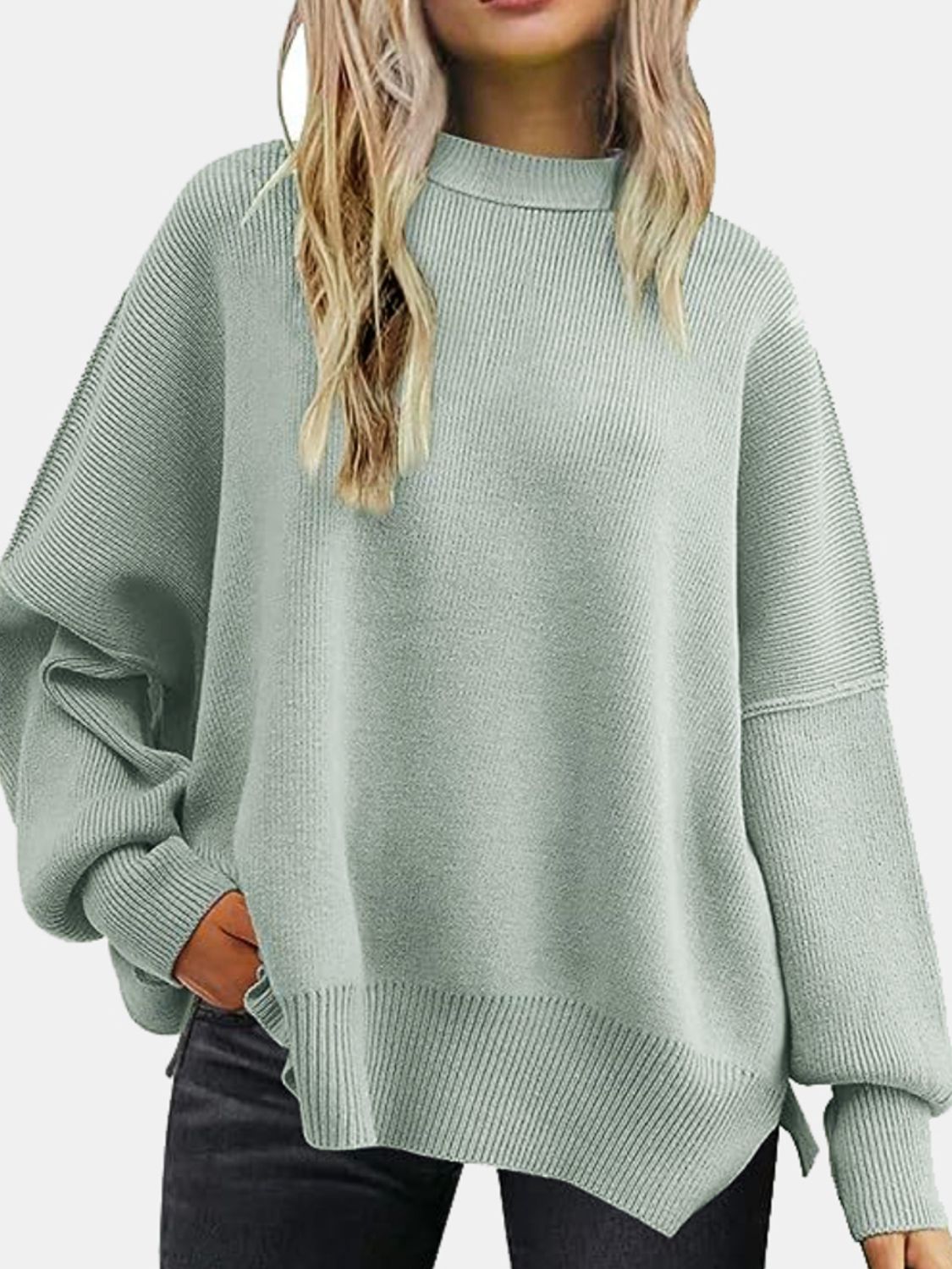 Cozy Season Round Neck Drop Shoulder Slit Sweater