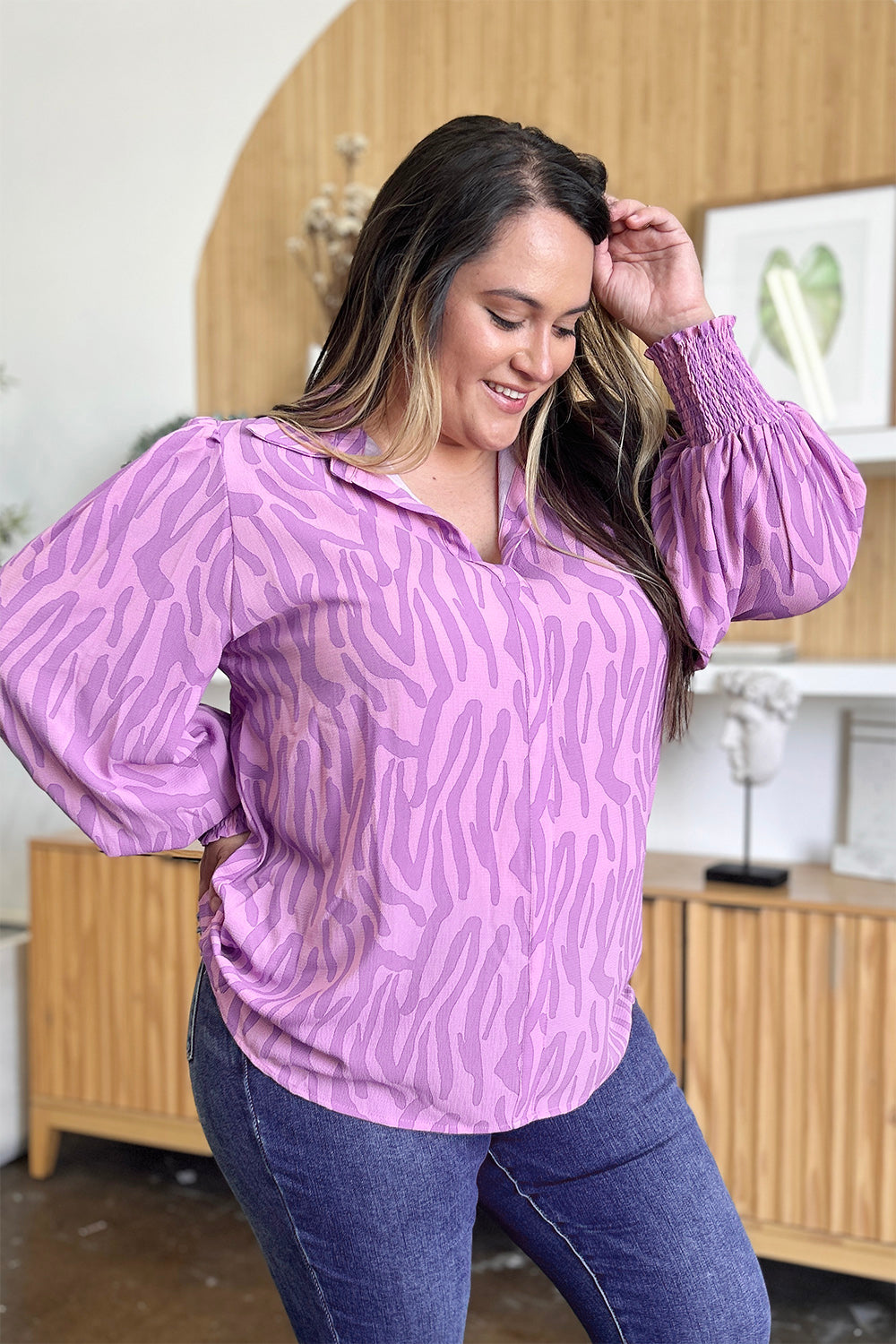 Double Take Smocked Long Sleeve Blouse