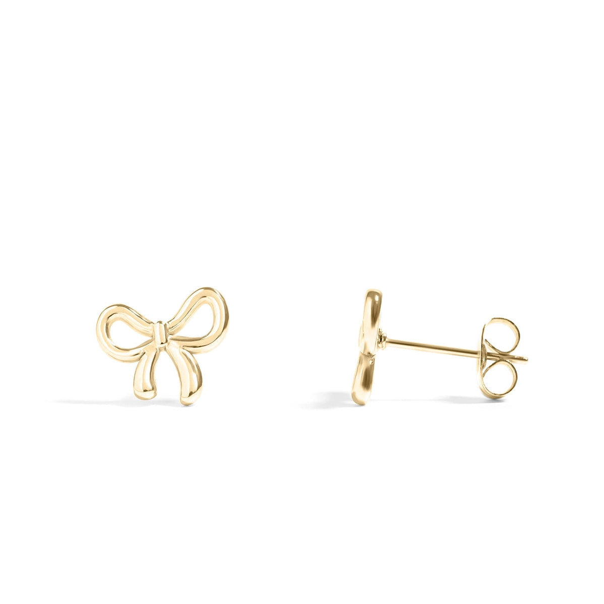 Gold bow-shaped earrings on a white background