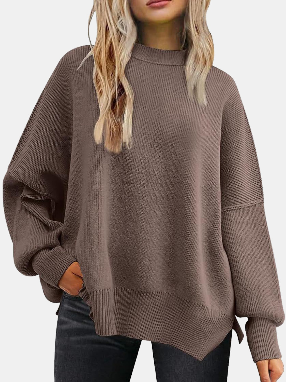 Cozy Season Round Neck Drop Shoulder Slit Sweater