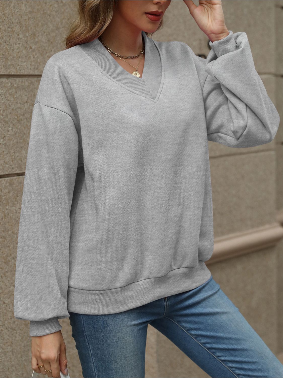 Jaded V-Neck Long Sleeve Dropped Shoulder Sweatshirt