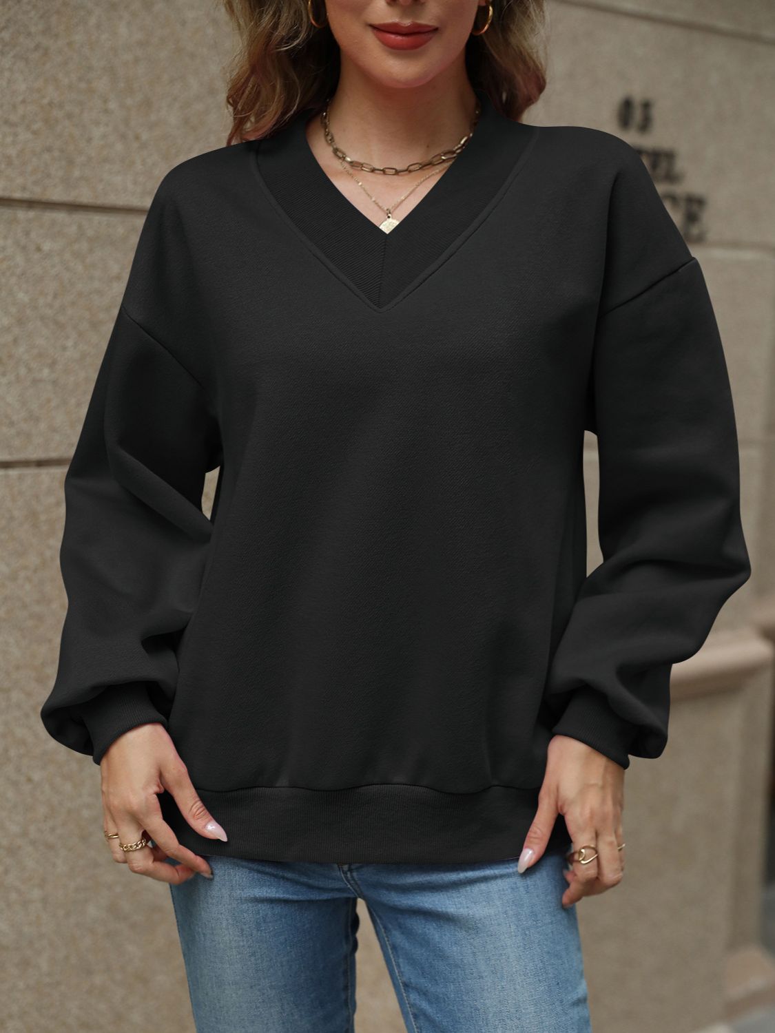 Jaded V-Neck Long Sleeve Dropped Shoulder Sweatshirt