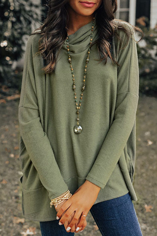 Saturday Shopping Side Slit High-Low Cowl Neck Long Sleeve Blouse